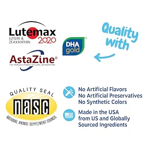 NASC Certification, Lutemax, Astazine, DHA Gold branded ingredients, Made in the USA.