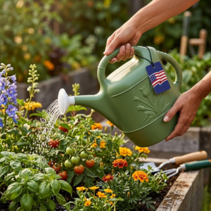 Modern Sage Green Watering Can used in organic vegetable garden - BPA Free.