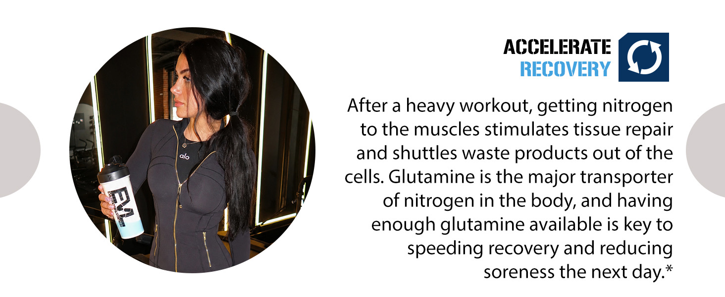 Female athlete in gym with EVL shaker. Glutamine5000 speeds recovery, reduces next-day soreness.*