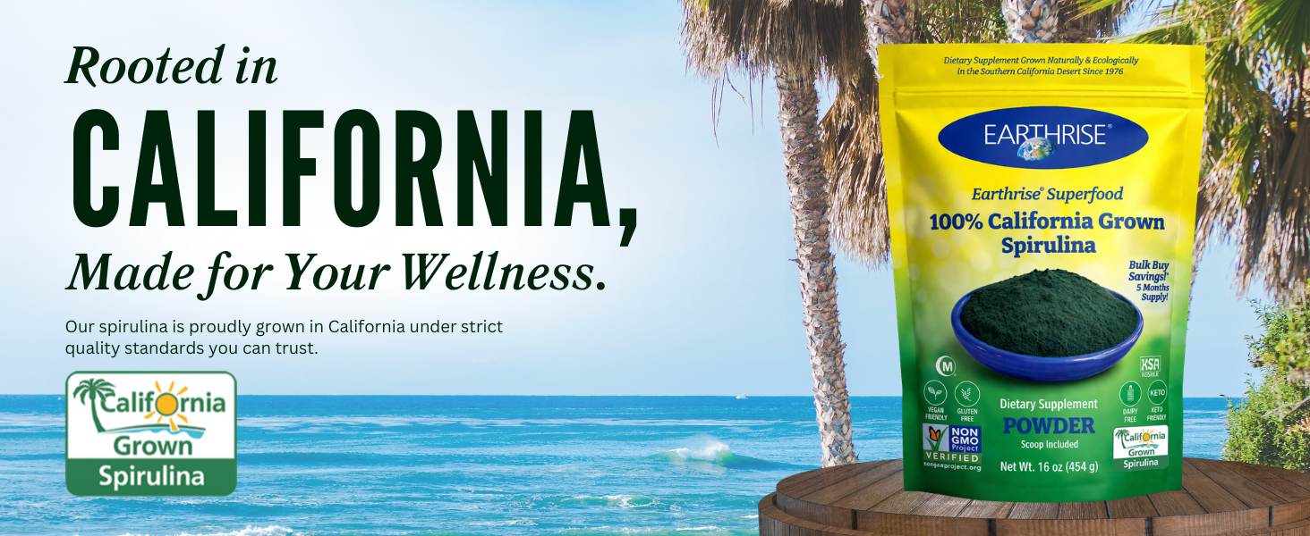 Earthrise California-grown spirulina powder with California Grown certification.