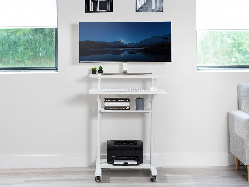 White mobile desk cart with monitor and PC