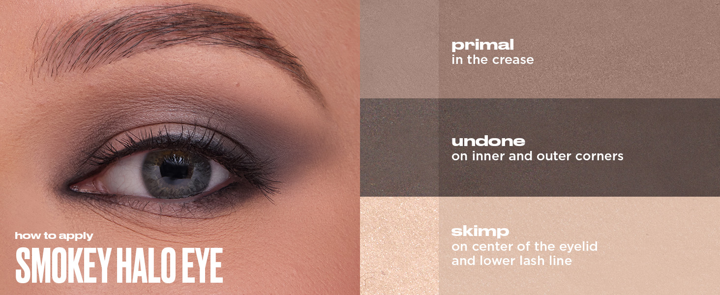 Step-by-step application guide showing how to create a smokey halo eye look using eyeshadow shades.