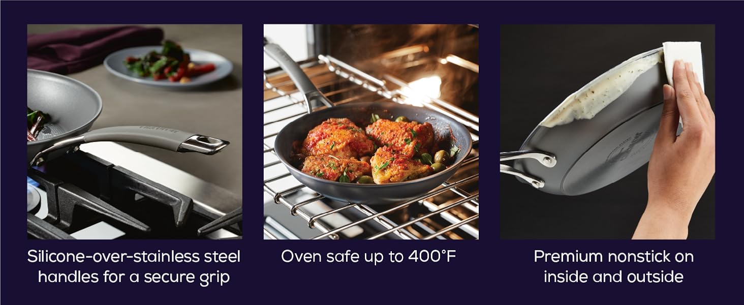 Skillet showing silicone handles, oven safe to 400 F and a hand cleaning food on side of skillet