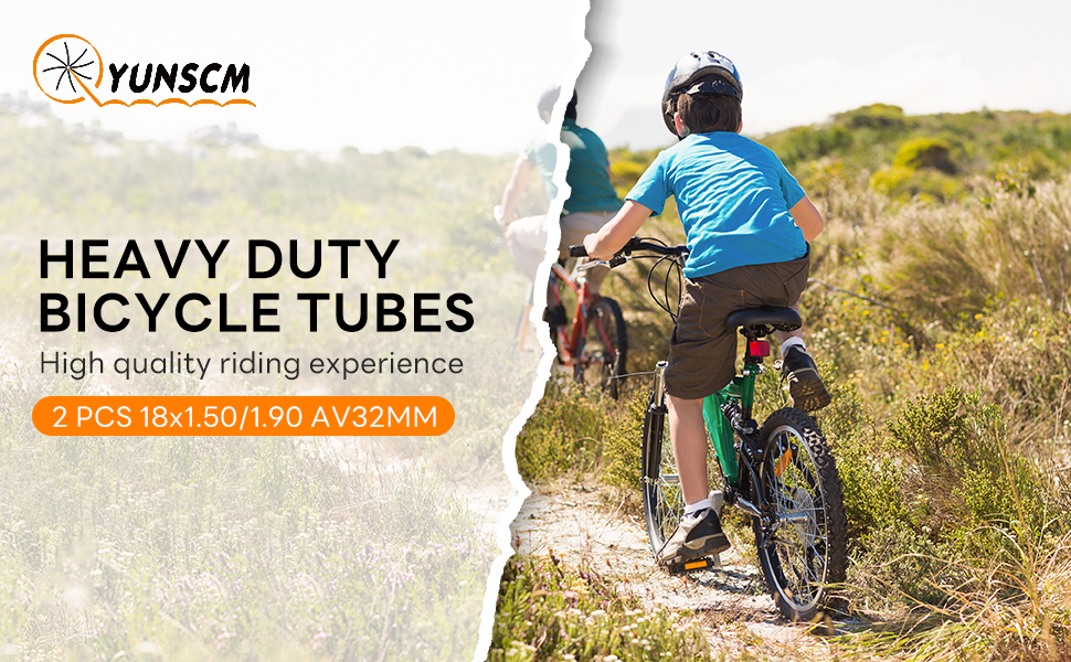 Yunscm brand heavy duty bicycle tubes advertisement showing cycling product details and person riding bike on trail.
