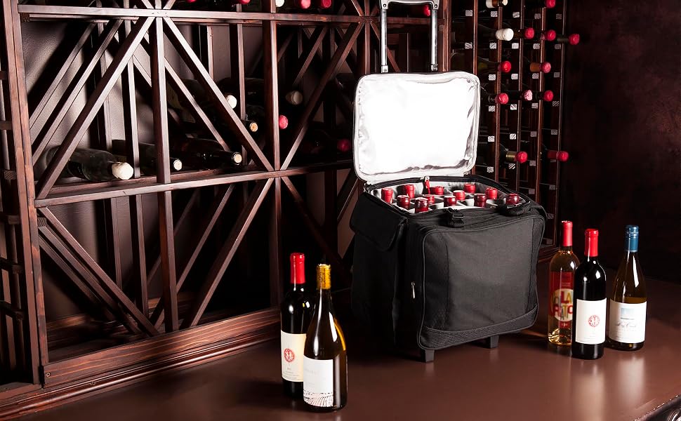 Black 12-bottle wine cooler with telescoping handle; insulated lid shown open in a cellar