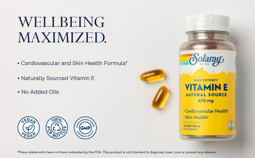 Solaray Vitamin E, d-Alpha Tocopherol 1000IU Cardiac Function, Antioxidant Activity Skin 60 Softgels