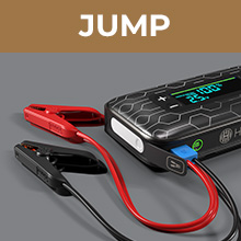 HALO jump starter with red and black clamp cables attached