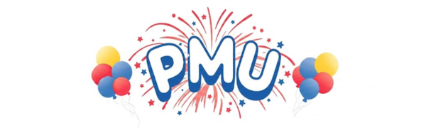 Official PMU Logo with festive balloons and fireworks - Premium Garden and Party Supplies.