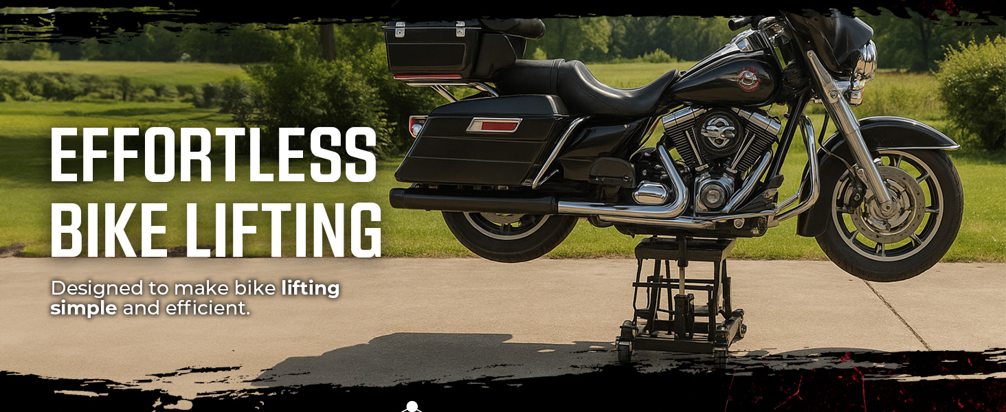 Close-up of motorcycle tire on aluminum dolly showing ride-on, ride-off design and locking caster.