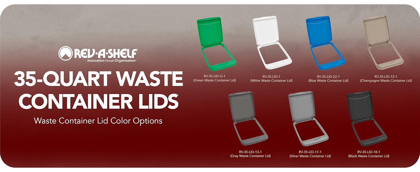 The different colors available under 35 quart lids. Text Reads: 35-Quart Waste Container Lids.