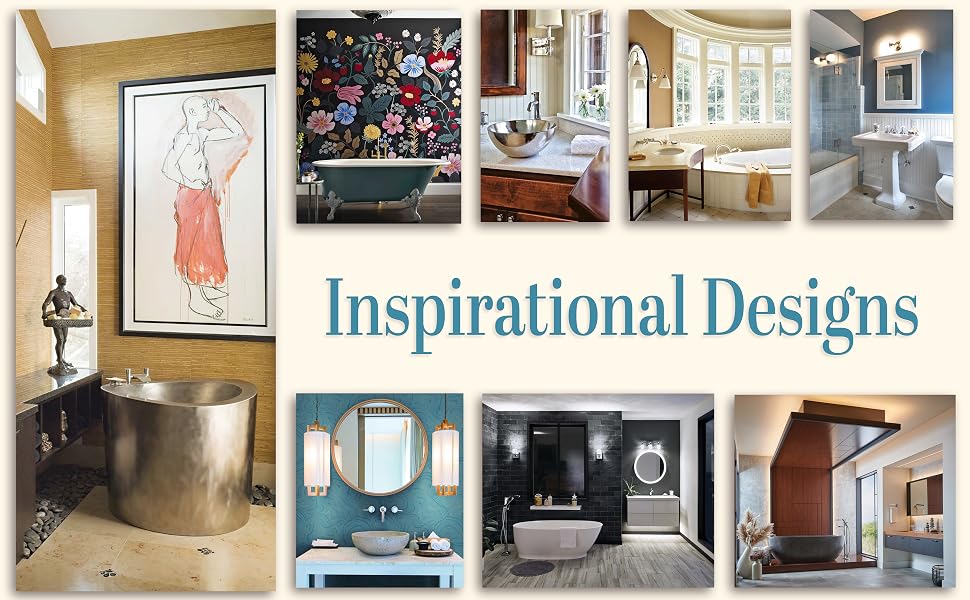 A soaking tub, mural, vanity lights, casement windows, and bowl sink. Text: Inspirational Designs.