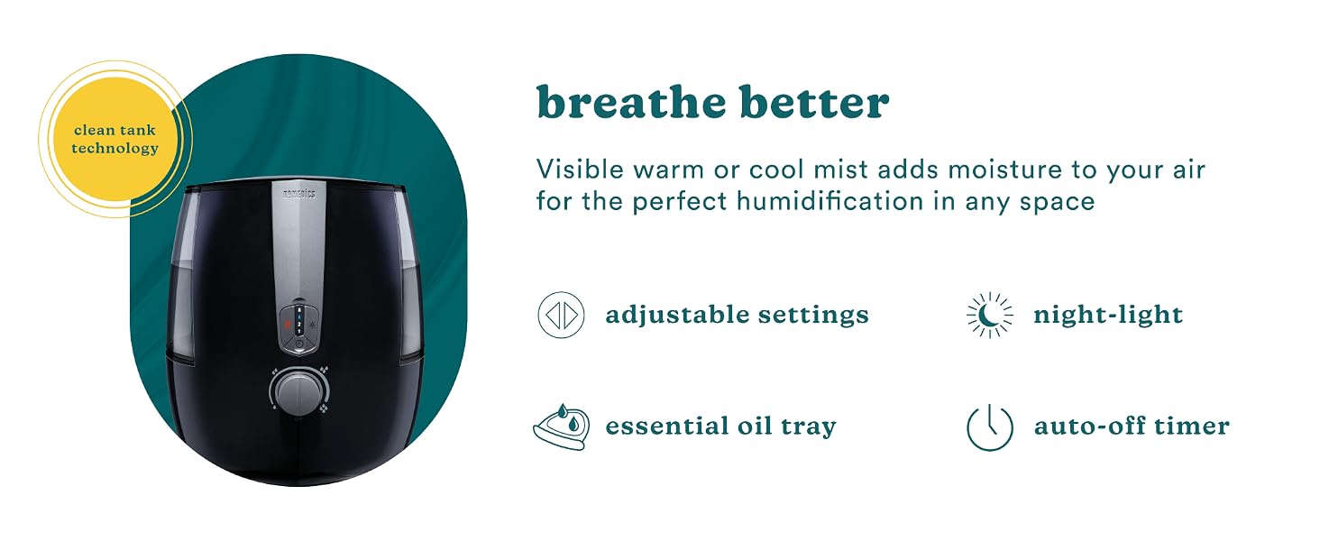 black humidifier with visible warm and cool mist night light auto timer