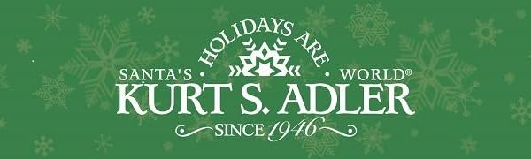 Kurt Adler logo on green background with snowflakes