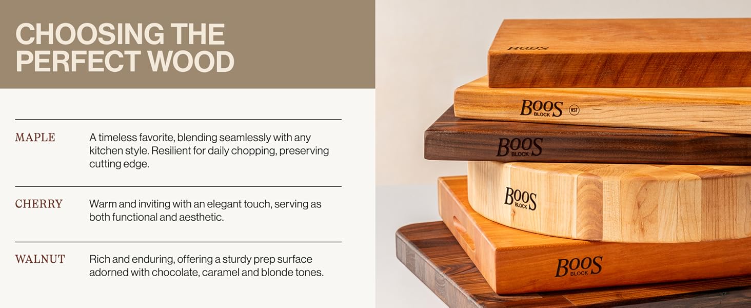 Image of stacked cutting boards in different thickness. Text reads: Choosing the Perfect Wood.