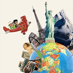 An illustration of travelers exploring locations around the globe.