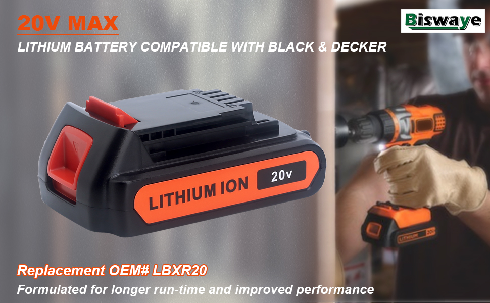 Biswaye LBXR20 20V Lithium Battery Compatible with Black &amp;amp;amp; Decker 20V MAX Lithium Battery