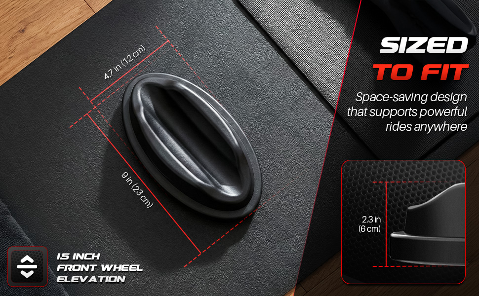 Bike trainer front wheel stand shown with dimensions and elevation height marked for a stable fron.