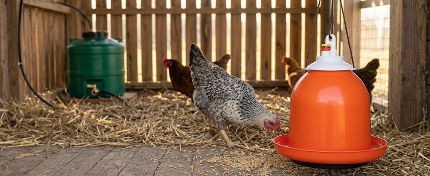 chickens drinking from bellmatic in a chicken coop with a green water tank in the background