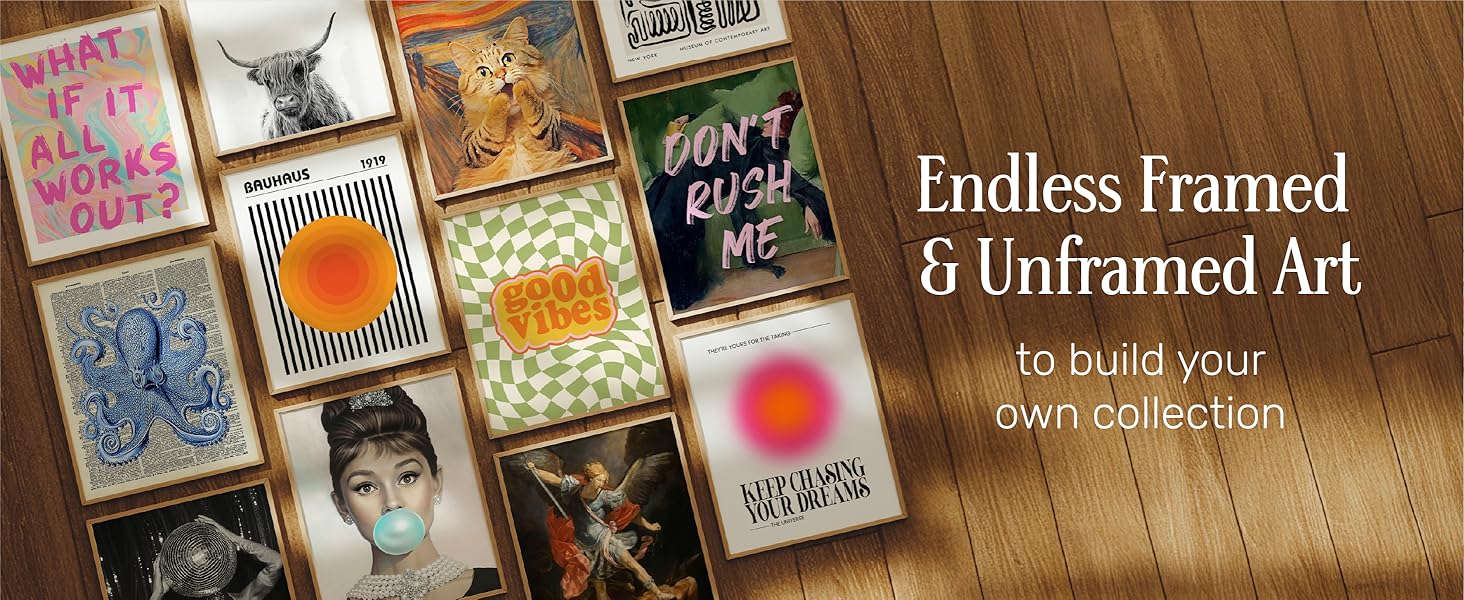 Diverse art prints arranged on wood floor with text: “Endless Framed &amp;amp; Unframed Art”