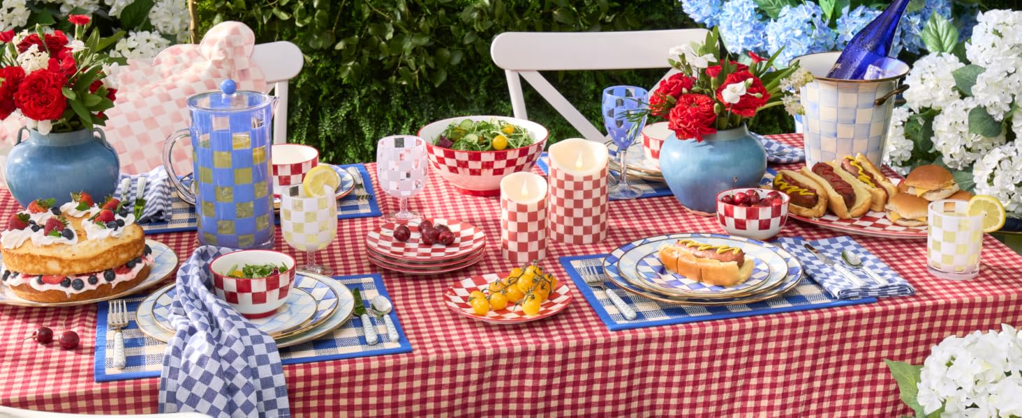 Red, white, and blue tableware for outdoor.