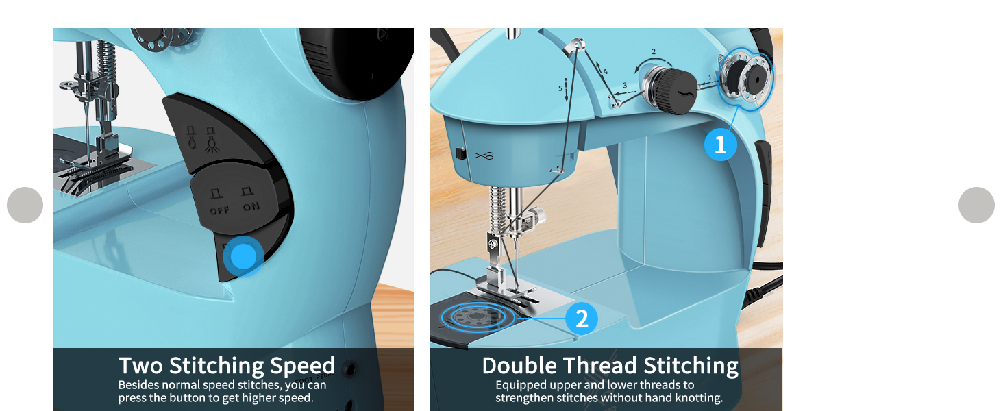 Light blue sewing machine with two speed settings and double thread stitching capability. Close-up views of stitch selector and needle area.