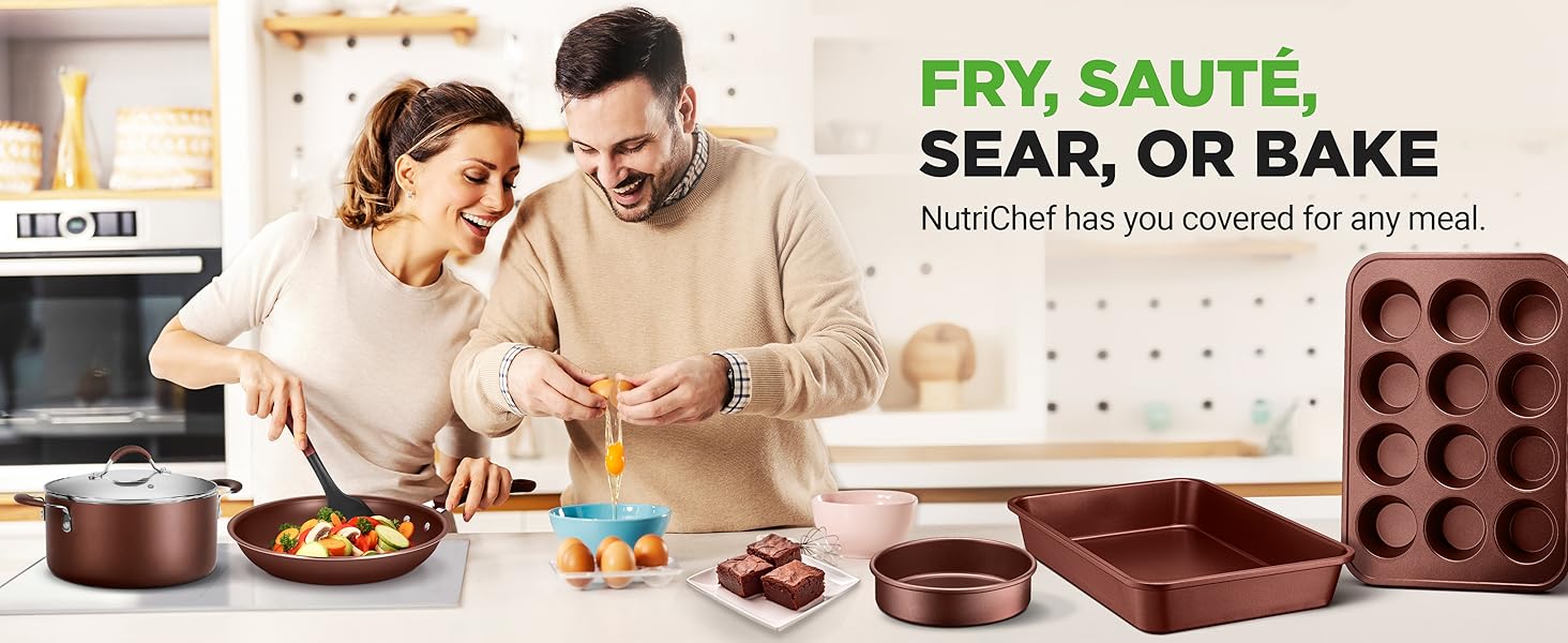 NutriChef cookware and bakeware set with frying pan, baking tray, and muffin pan for family meals