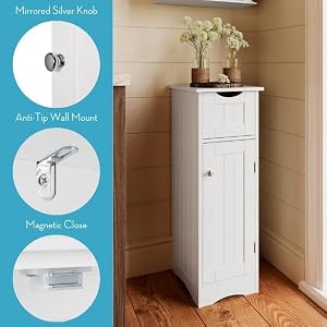 Slim cabinet displayed in room. Includes mirrored knob, wall mounts and magnetic close