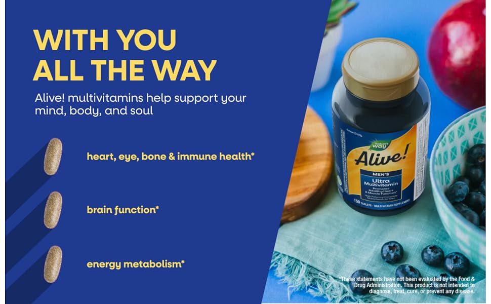 Bottle of Alive! Men's Ultra Multivitamins sitting on a blue napkin next to a bowl of blueberries