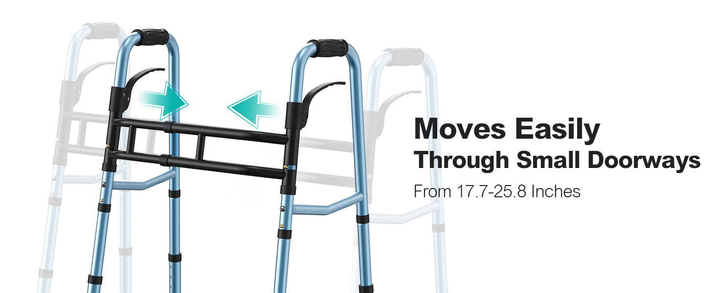 width adjustable walker with wheels to fit through narrow tight small bathroom spaces