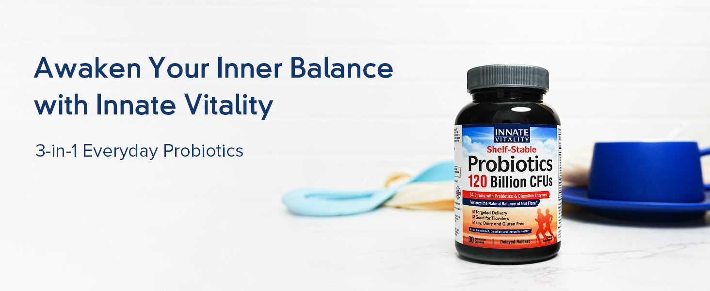 Innate Vitality 3-in-1 Probiotics for men and women contains 120 Billion CFUs.