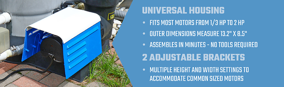 universal housing, 2 adjustable brackets, fits most motors
