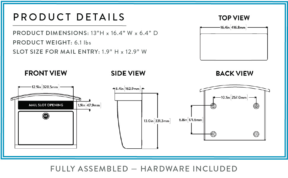 product details - dimensions - weight - mail slot size