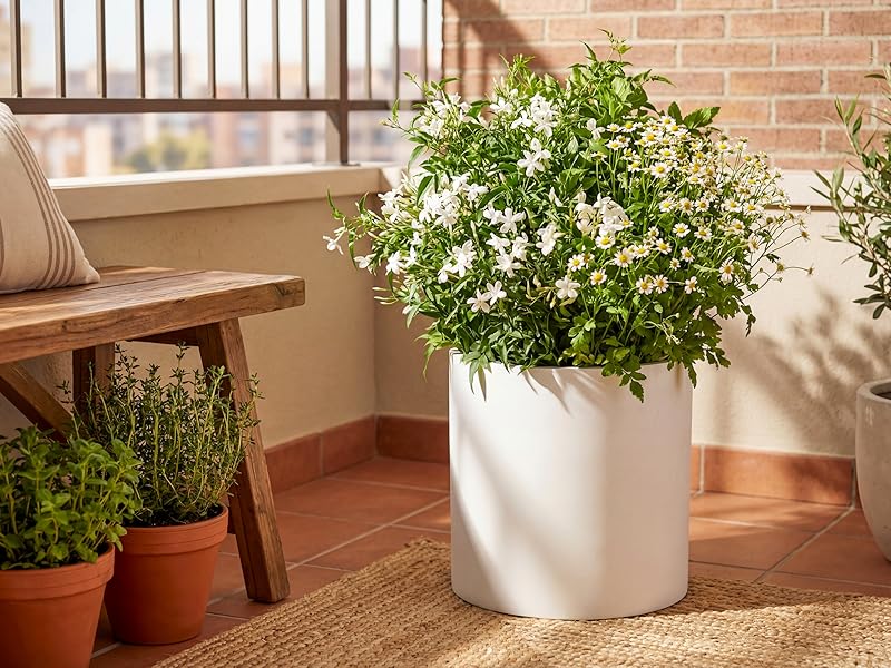 Weather resistant 14 inch matte white outdoor plant pot for balcony patio and large floral decor.