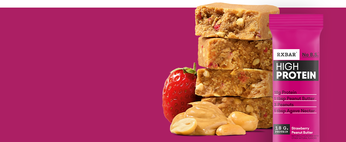 RXBAR High Protein on a pink background with a close up of the bar, pouch, and simple ingredients