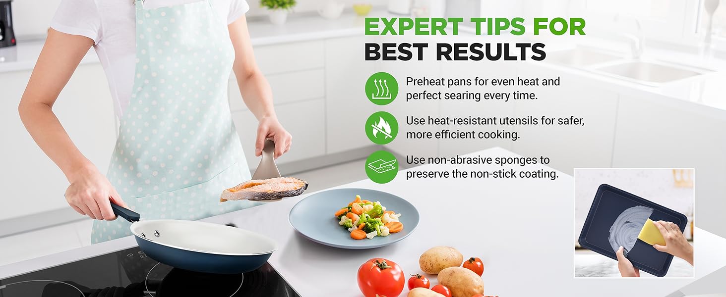 professional chef tips nonabrasive cleaning heat resistant utensils proper pan preheat cooking