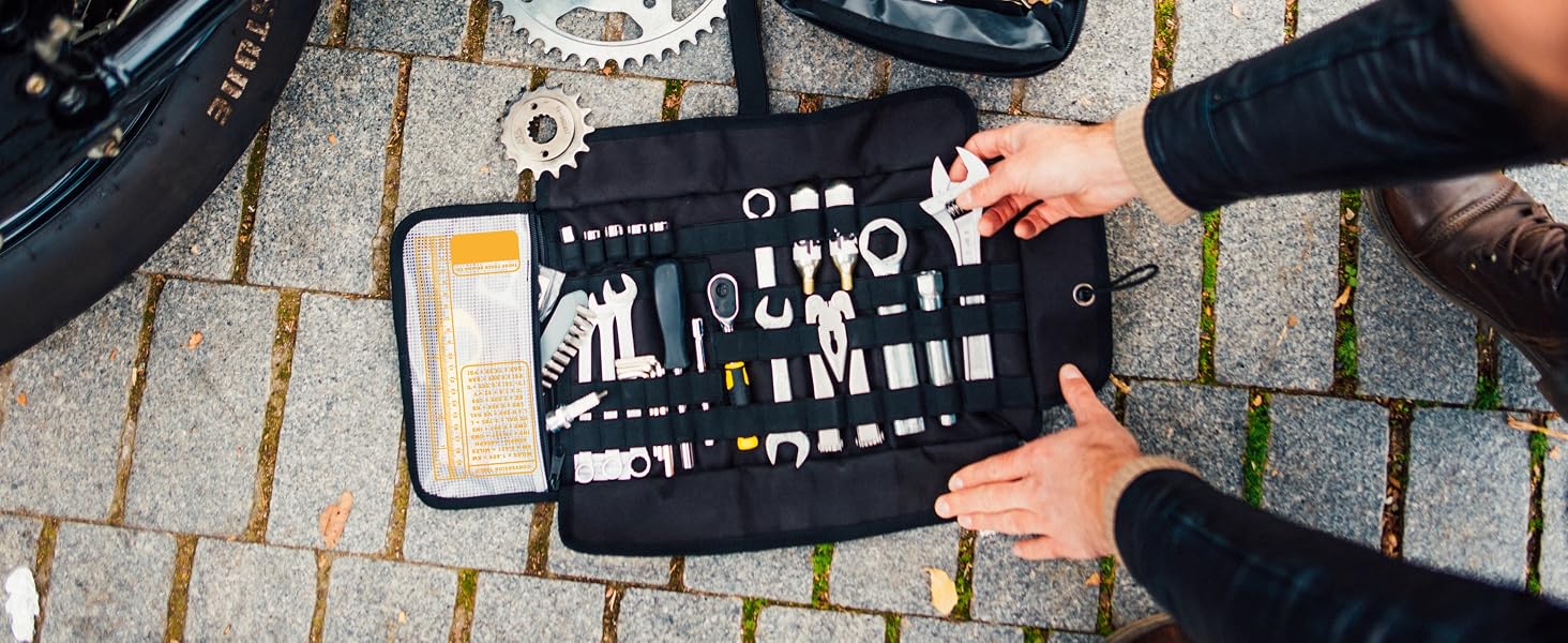 Odinsberg Motorcycle tool roll organizer on the ground