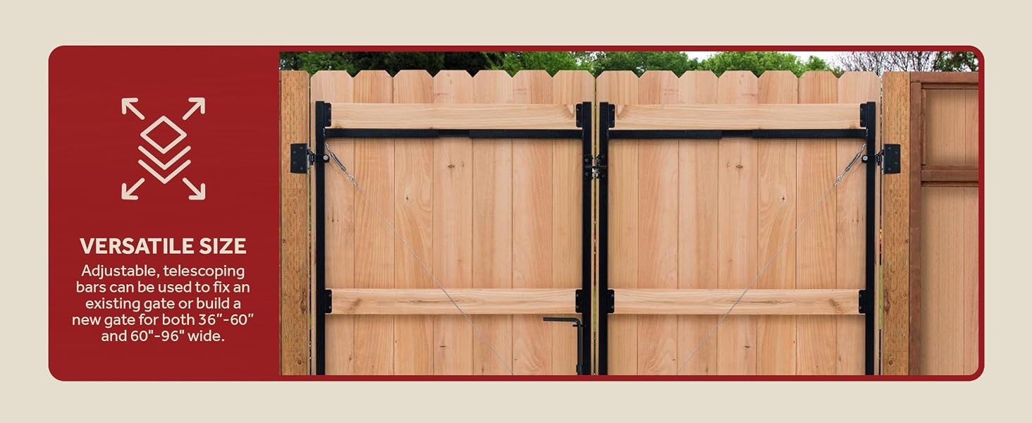An installed adjustable, telescoping bars for easy fix. Text Reads: Versatile Size.