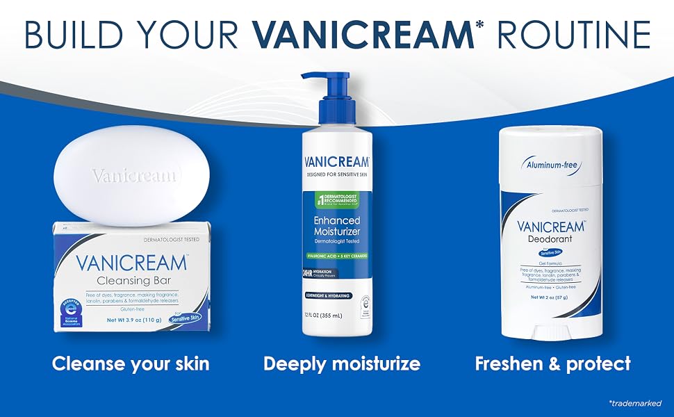 Vanicream skin care routine that cleanses, hydrtaes and protects your skin all day.