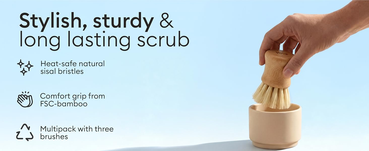 Text reads 'Stylish, sturdy &amp; long lasting scrub'. Product demonstration showing hand holding a cleaning brush against a light blue background.