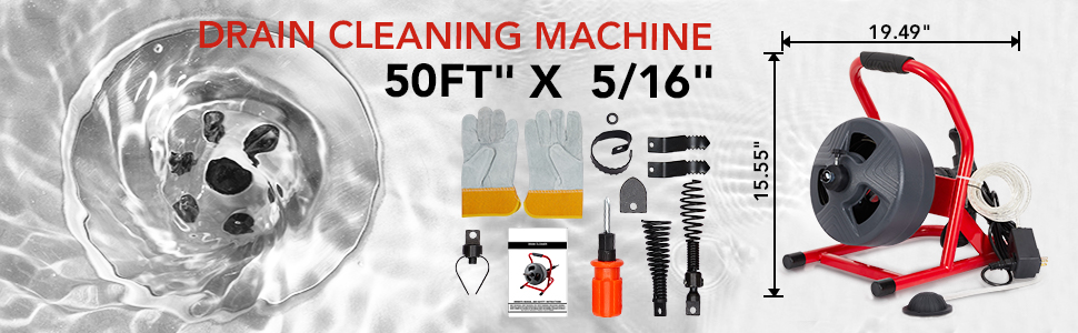 Drain Cleaner Machine 50Ft x 5/16 Inch, Electric Drain