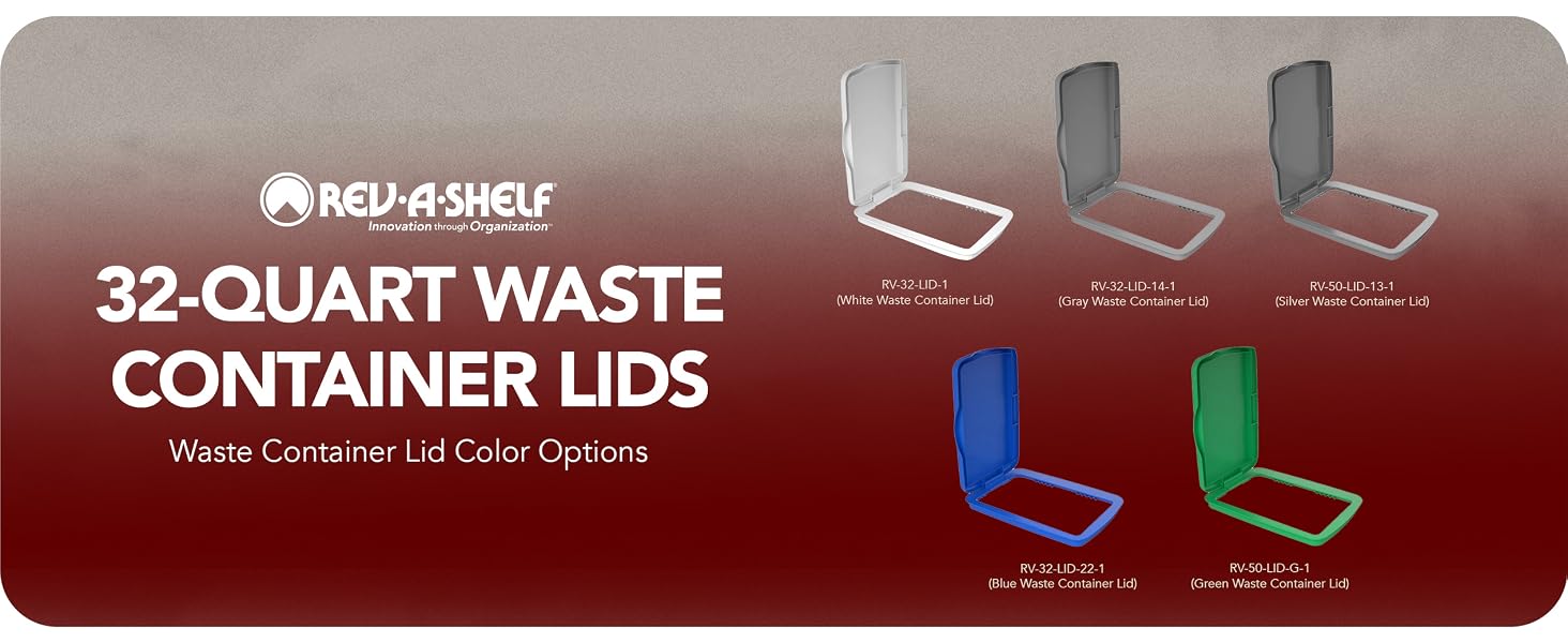 The different colors available under 32 quart lids. Text Reads: 32-Quart Container Lids.