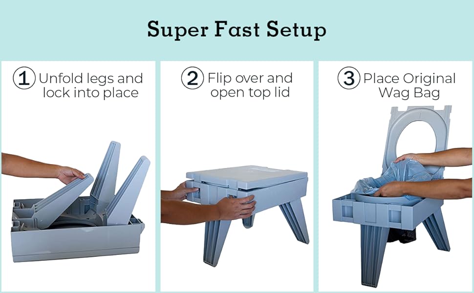 To set up unfold legs and lock into place, flip over and open lid, place original wag bag