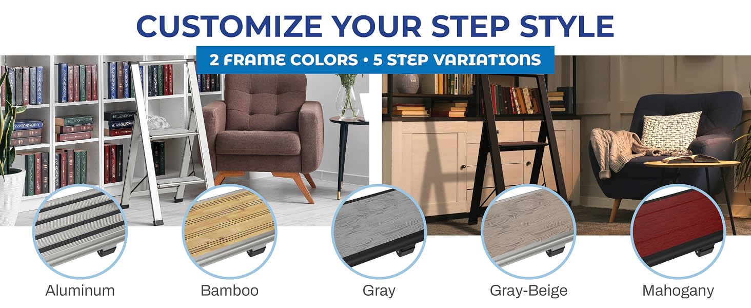 customize your step style 2 frame colors, 5 step variations aluminum bamboo gray gray/beige mahogony