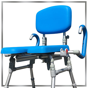ultra commode with both arm rests folded/pivoted all the way back, allowing full access to seat base