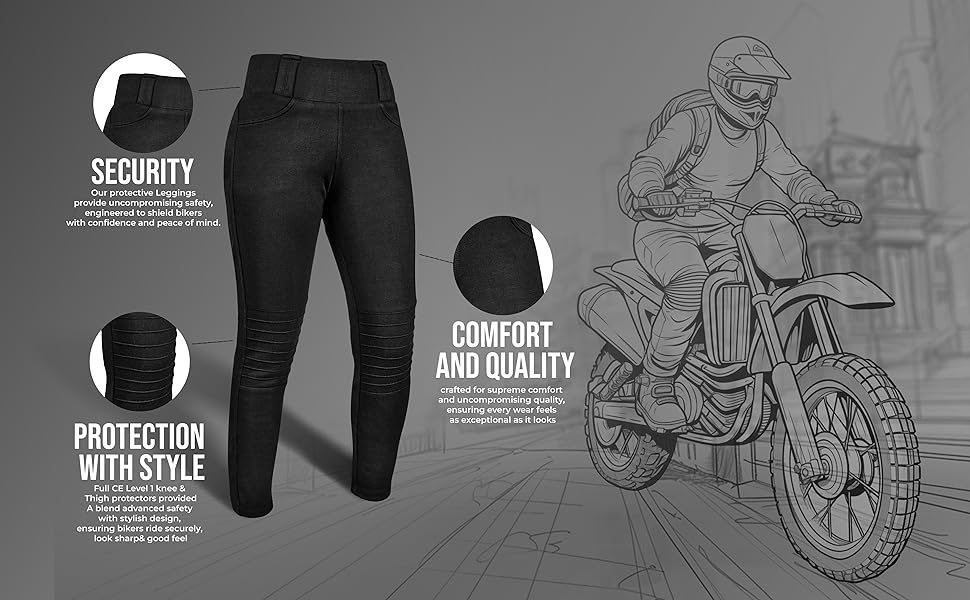 Protective motorcycle pants featuring security and comfort elements, shown alongside an illustration of a dirt bike rider. Black pants with reinforced areas for protection.