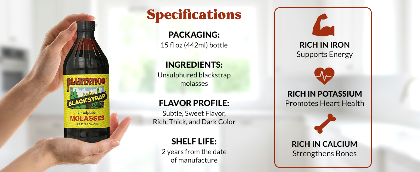 Plantation Blackstrap Molasses 15 oz – Unsulphured Blackstrap Molasses, Rich Natural Sweetener