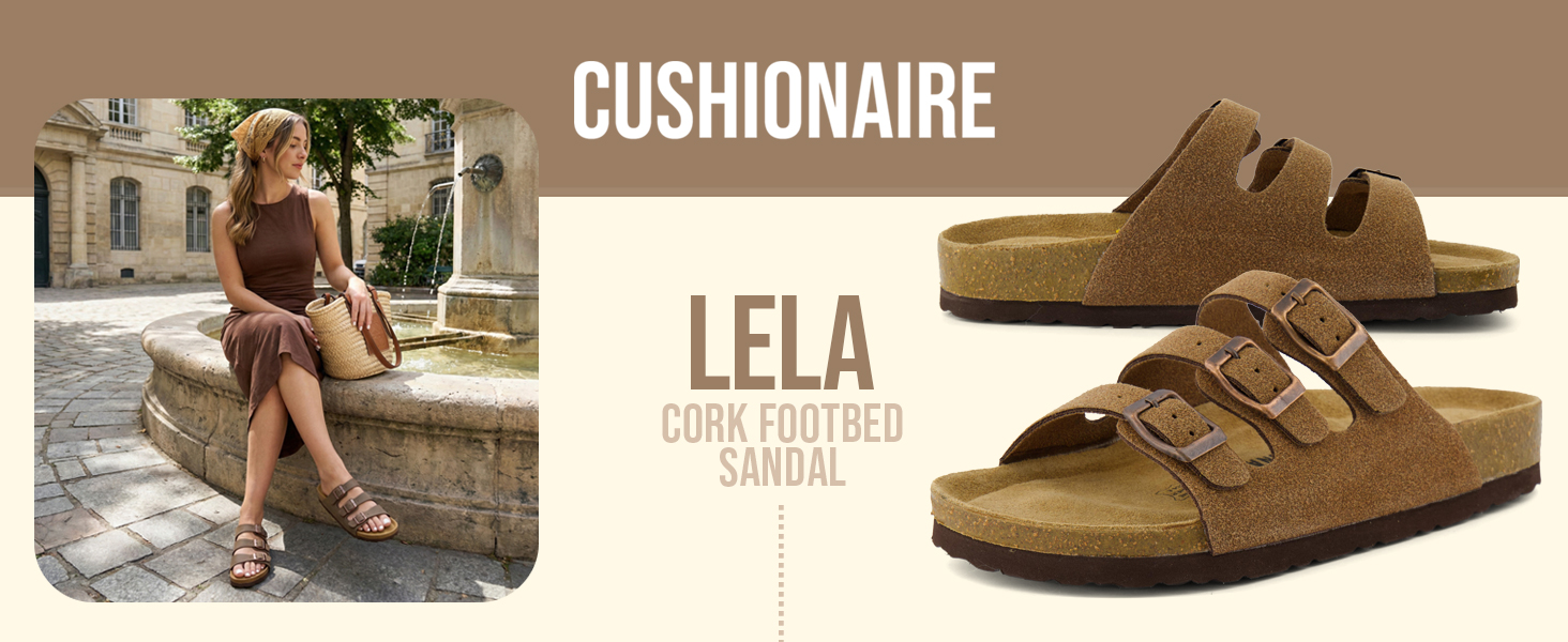 lela, banner, lifestyle, cushionaire, cork footbed sandal