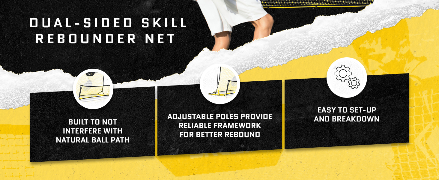 built to not interfere with natural ball path; adjustable poles; easy to set-up and breakdown
