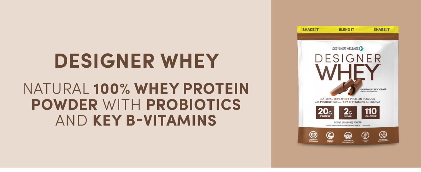 Designer Wellness Designer Whey Natural Chocolate Protein Powder with Probiotics and B Vitamins