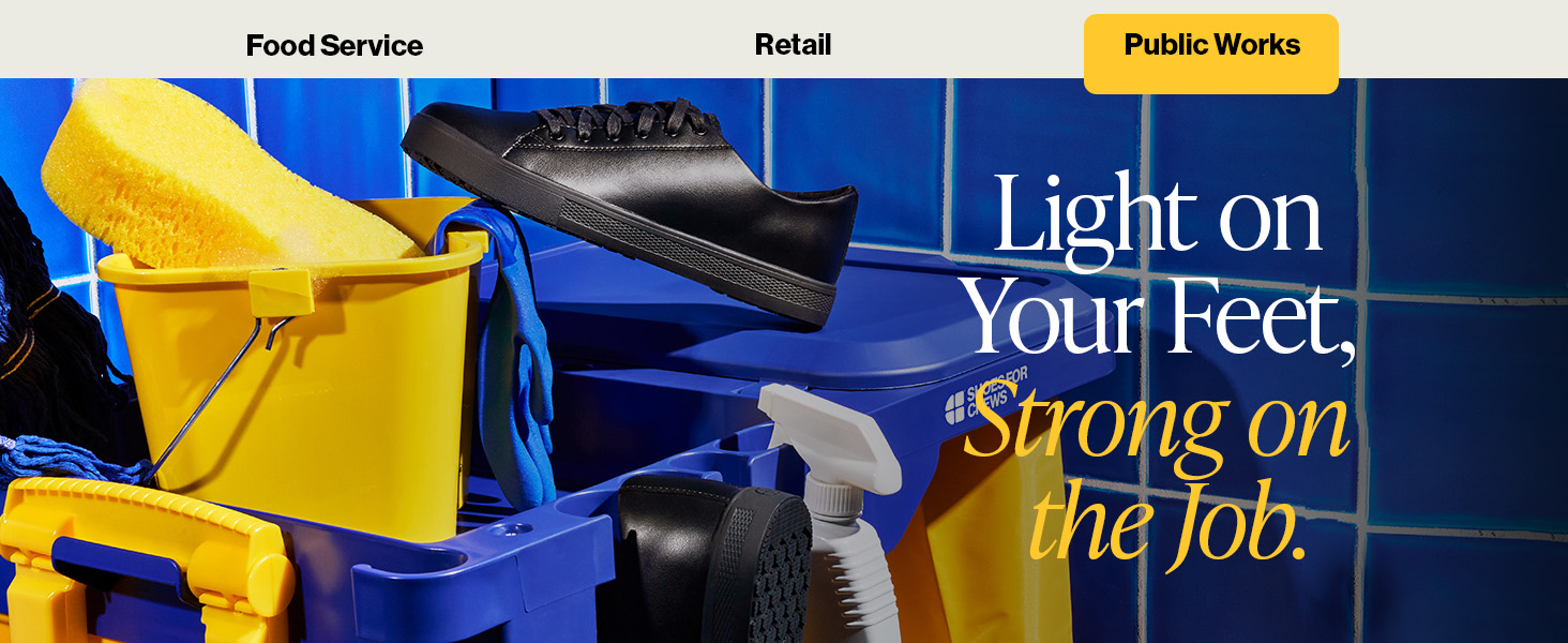 Sneakers in a janitoral setting with text saying light on your feet, strong on the job